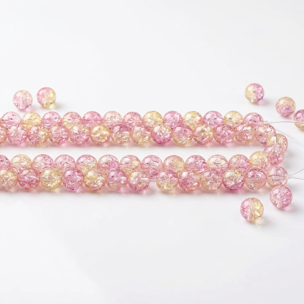 Lemon Pink Crackle Glass Round Beads, 8mm - 50 pcs