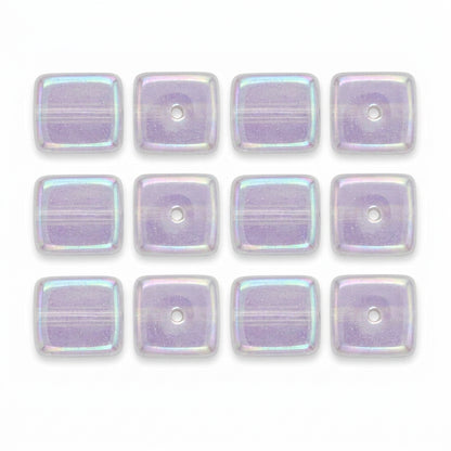 square glass beads with a lavender-purple and silver iridescent finish