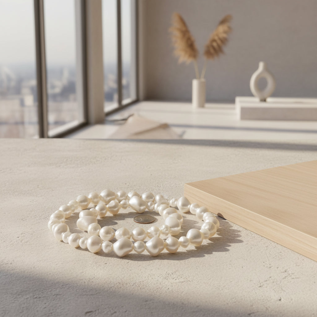 A strand of irregular baroque-style white freshwater pearls laid out on a white surface, with a silver coin placed in the center for scale.