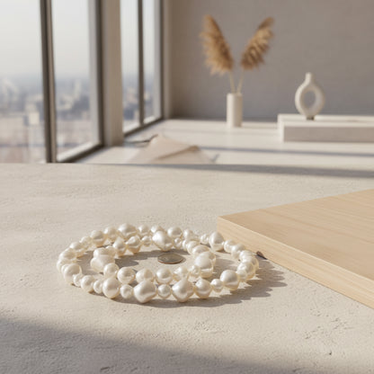 A strand of irregular baroque-style white freshwater pearls laid out on a white surface, with a silver coin placed in the center for scale.