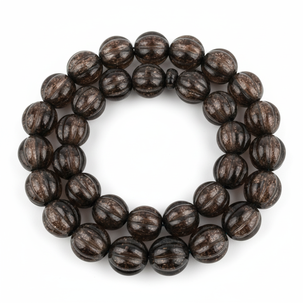  beadsmade of polished dark brown to black round beads with natural striated patterns, arranged in a single loop on a white background.