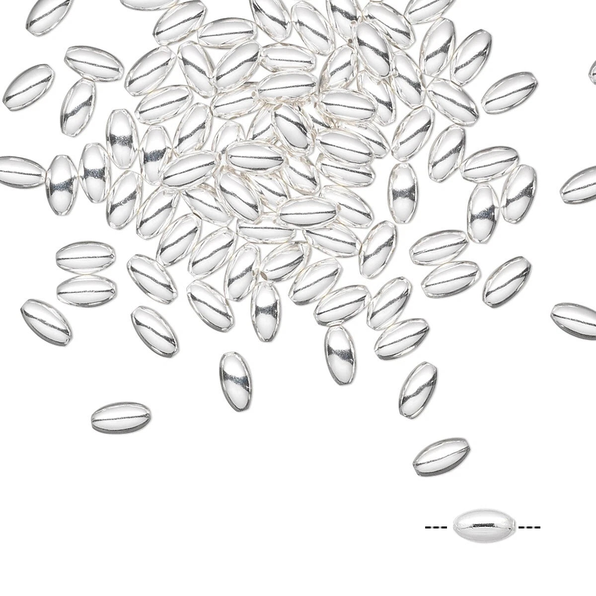 A pile of small, polished silver oval beads scattered on a white background, with a small inset diagram at the bottom right showing a single bead and its length.