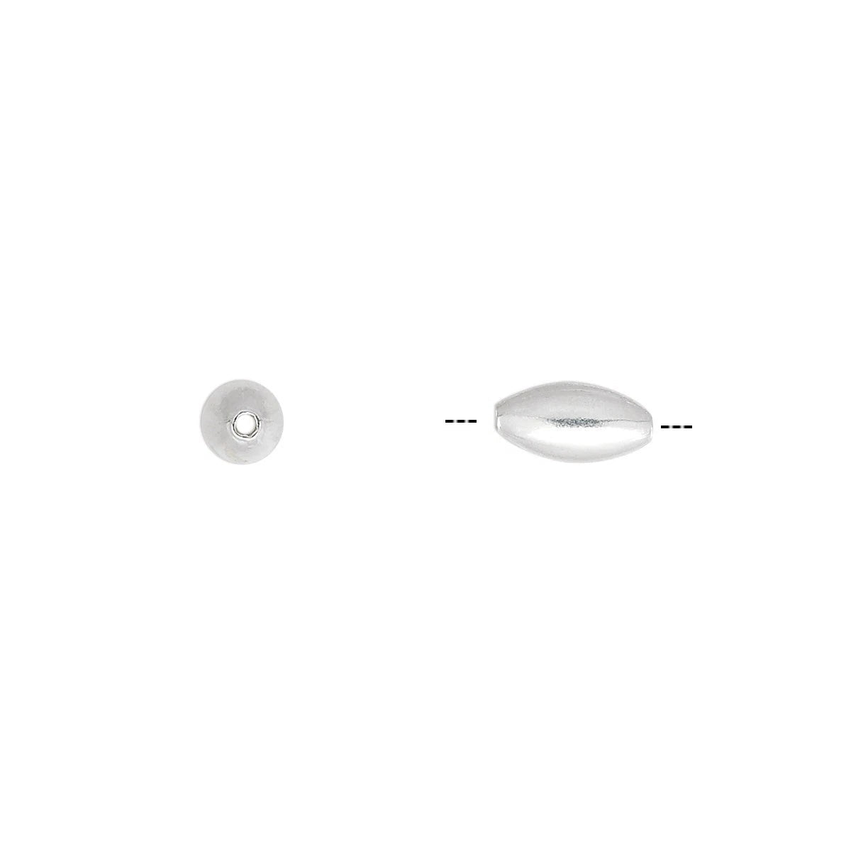 A pair of silver metallic seed beads, one shown from the front view and the other from the side profile view, on a plain white background.