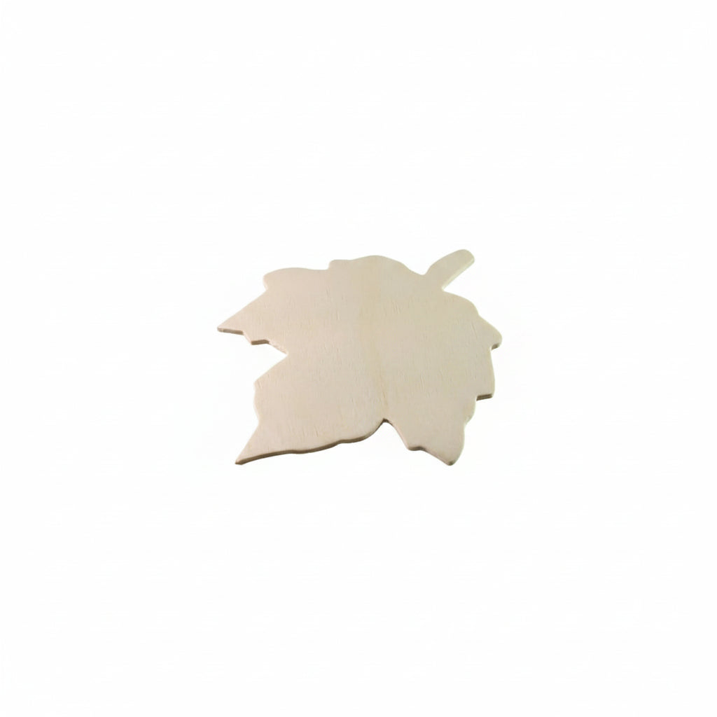 Unpainted wooden cutouts in a leaf shape, showing a light natural wood grain texture on a neutral gray background.