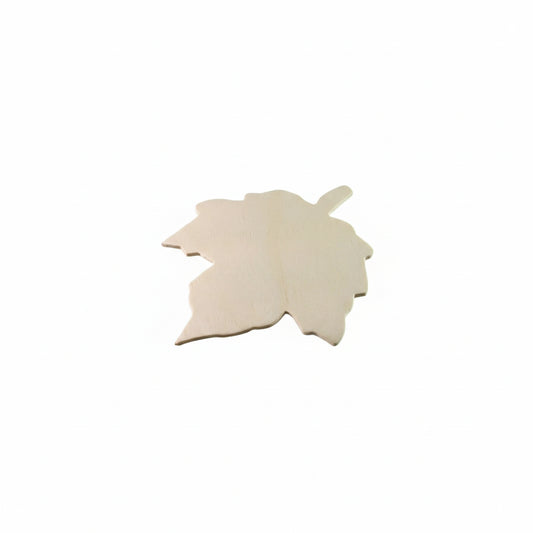 Unpainted wooden cutouts in a leaf shape, showing a light natural wood grain texture on a neutral gray background.