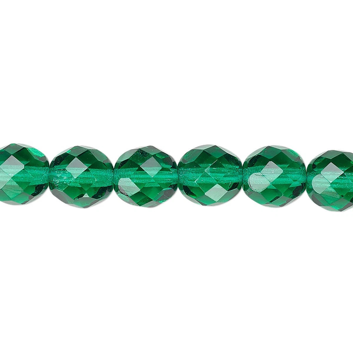 A close-up of a single strand of faceted green glass beads on a plain white background.