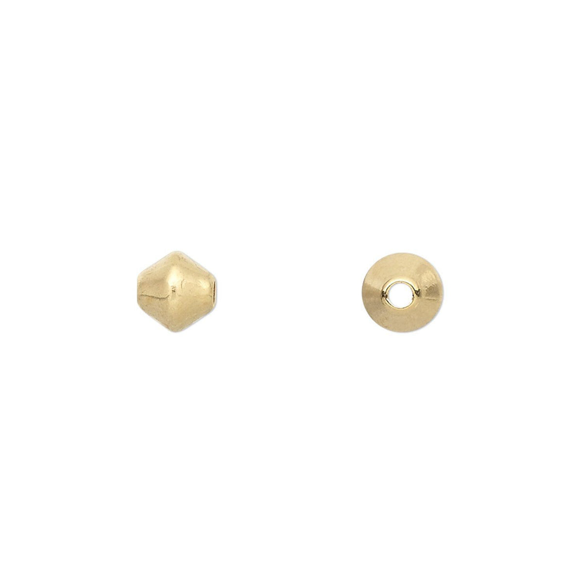 Two small gold-toned metal beads shown on a plain white background, one faceted hexagonal bead and one flat circular bead with a center hole.