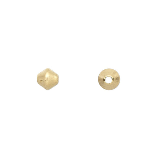 Two small gold-toned metal beads shown on a plain white background, one faceted hexagonal bead and one flat circular bead with a center hole.