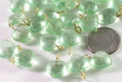 Transparent Peridot Green Glass Heart Drop Charms 10mm with Brass Loop — 100 pcs
