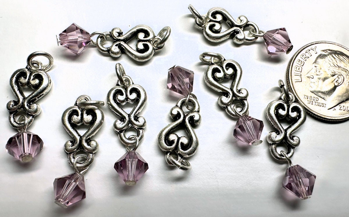 Antiqued Silver Pewter Heart Dangles with Amethyst Purple Swarovski Crystal 26x8mm — 8 pcs