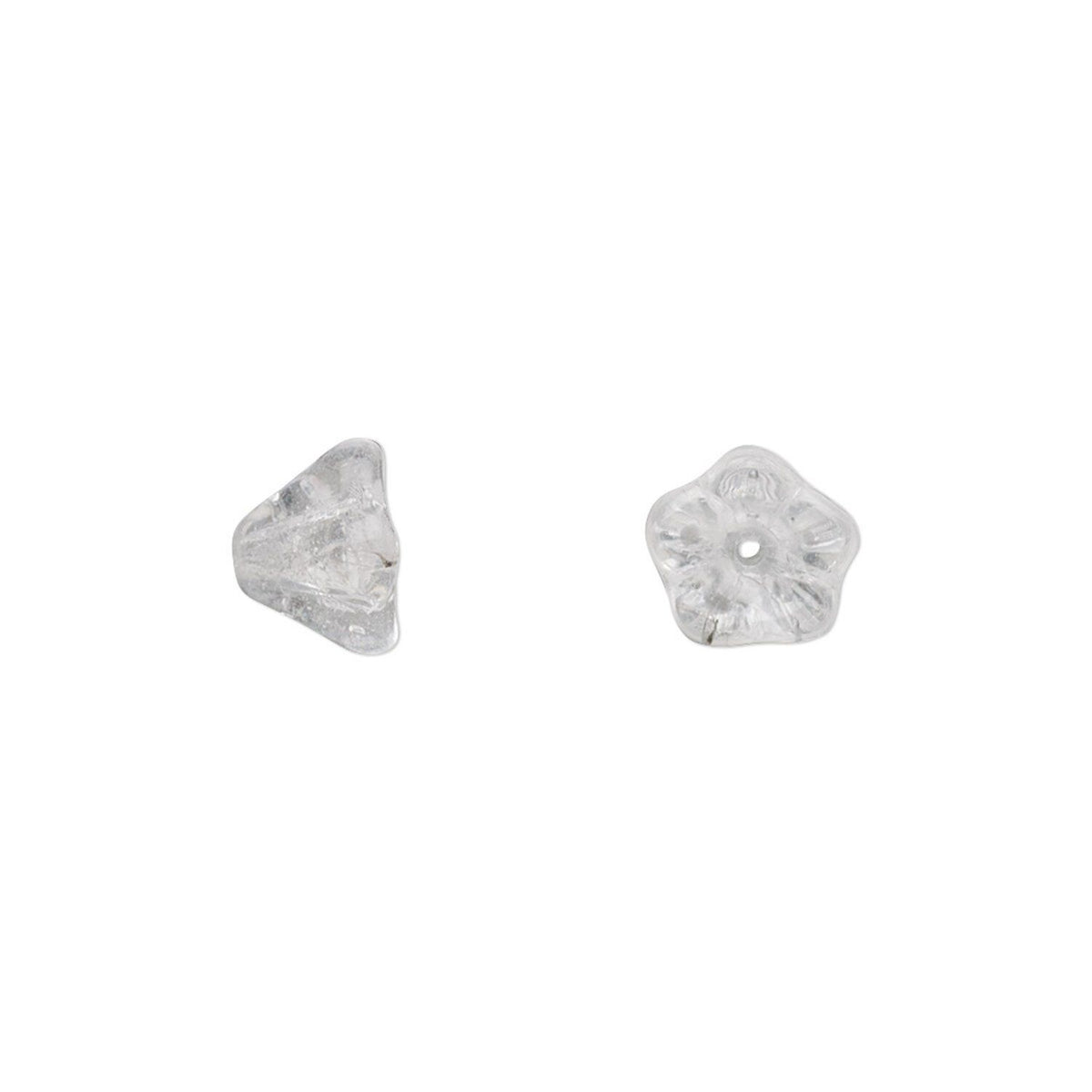 Two small clear faceted bead spacers on a plain white background, one with a triangular shape and one with a five-pointed star shape.