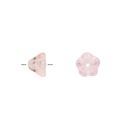 Two pale pink translucent beads shown on a plain white background, one triangular and one flower-shaped with a center hole.