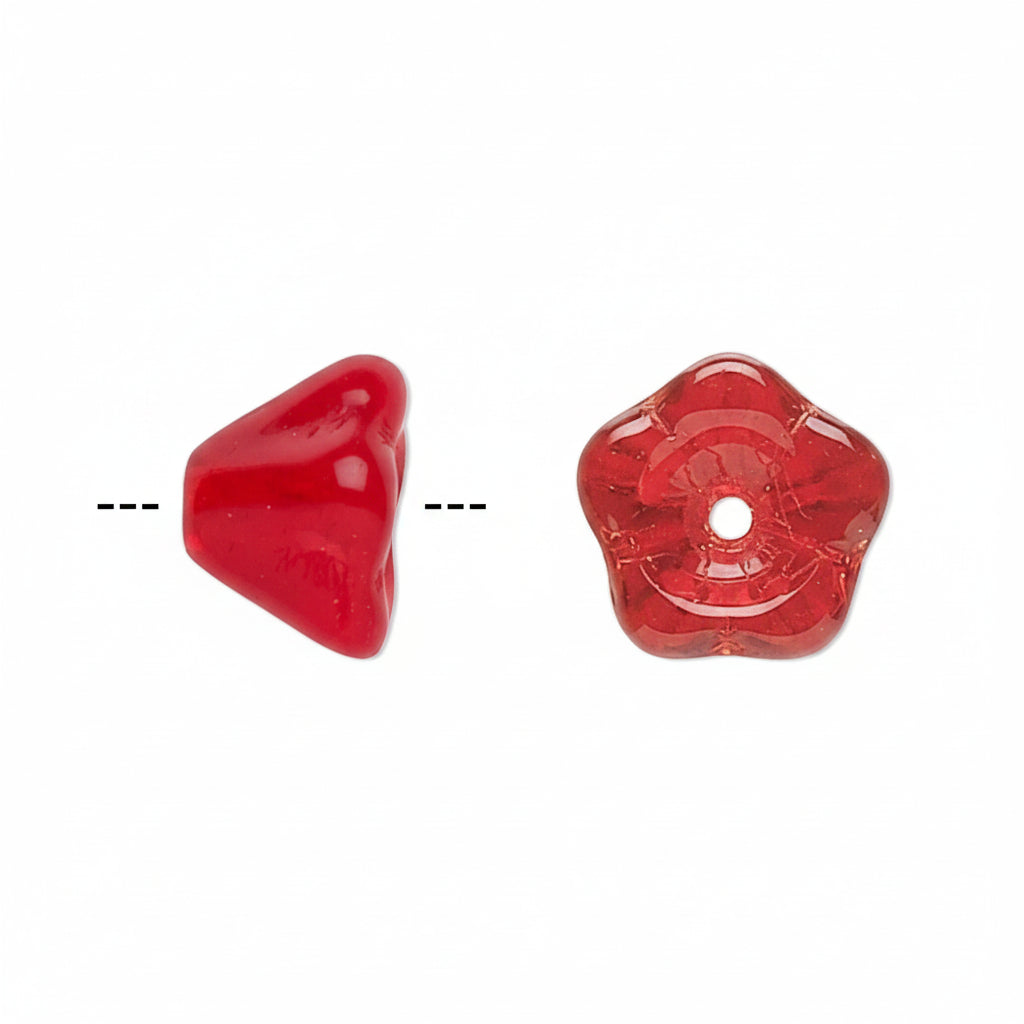 Two red translucent glass beads on a white background, one shown from a side angle and the other from a top-down angle to display its five-pointed star shape.