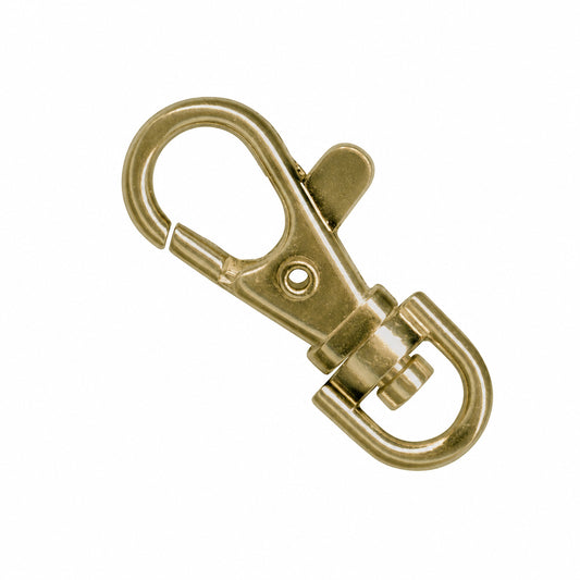 A single metal swivel snap hook clip with a polished brass or gold-toned finish, isolated on a plain white background.