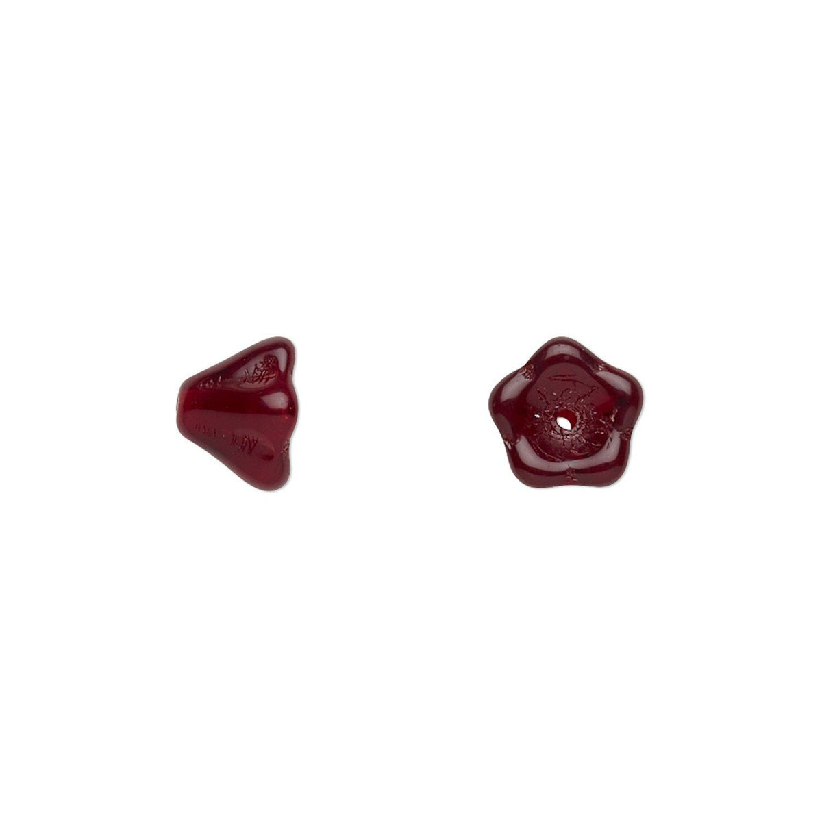 Two small glossy dark red glass beads, one triangular and one five-pointed star, shown on a plain white background.