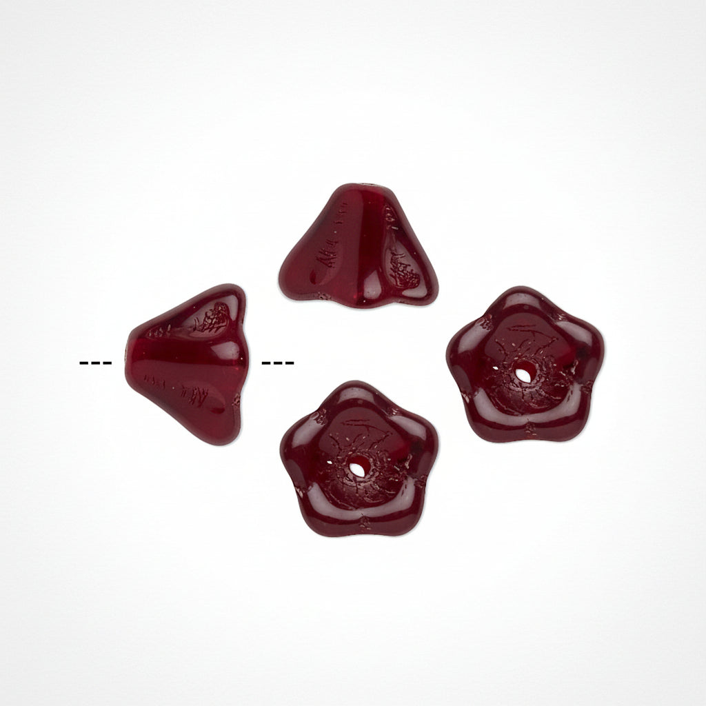 Four glossy dark red glass beads with a central hole, shown on a plain white background. Two beads are shown from the side and two from the top, with a dashed line indicating the length or shape reference.