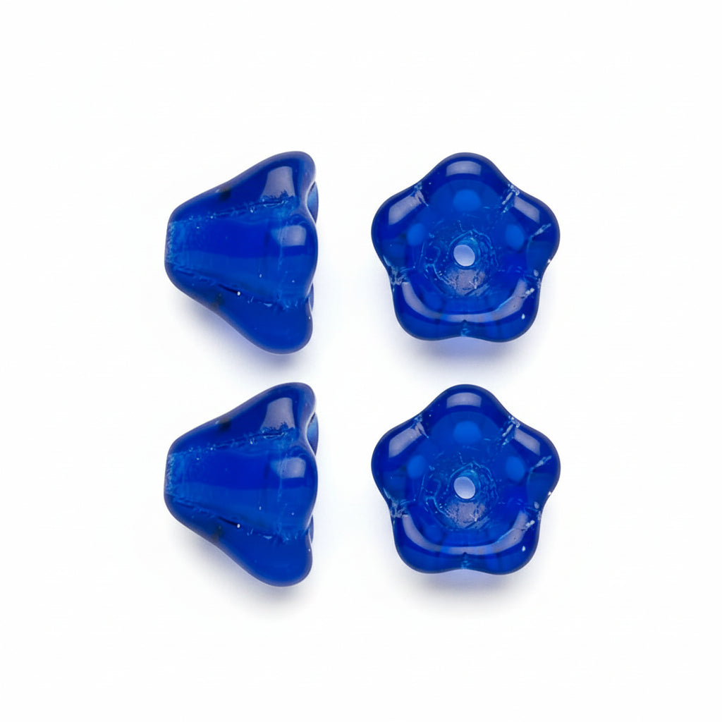 4 blue translucent flower-shaped beads shown on a plain white background, with three from the front and two angled side views. Two of the side views have dashed lines extending from them.