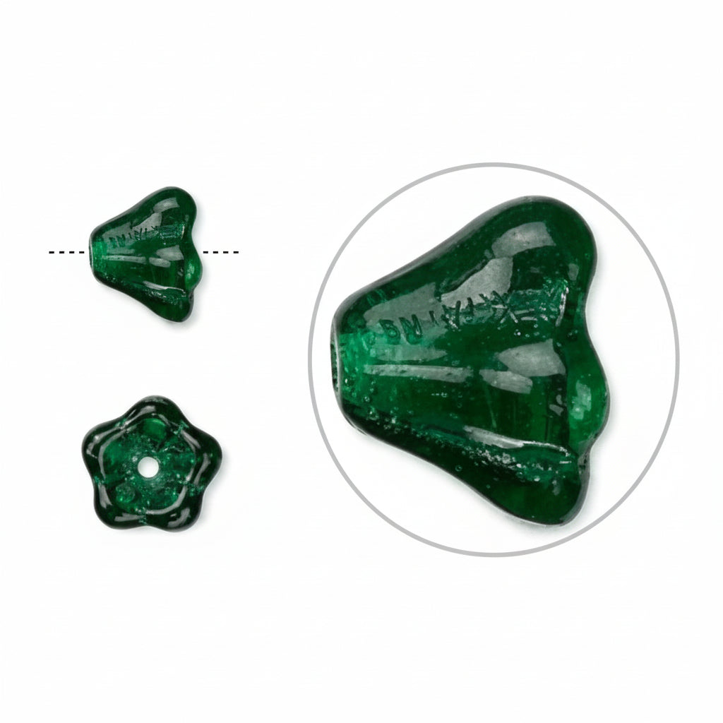 Three views of a carved green stone bead, including a circular close-up inset, on a white background.