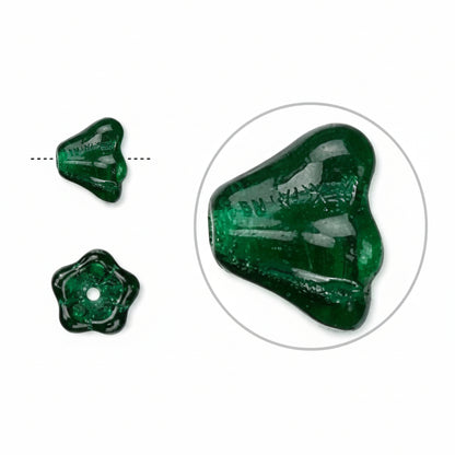 Three views of a carved green stone bead, including a circular close-up inset, on a white background.