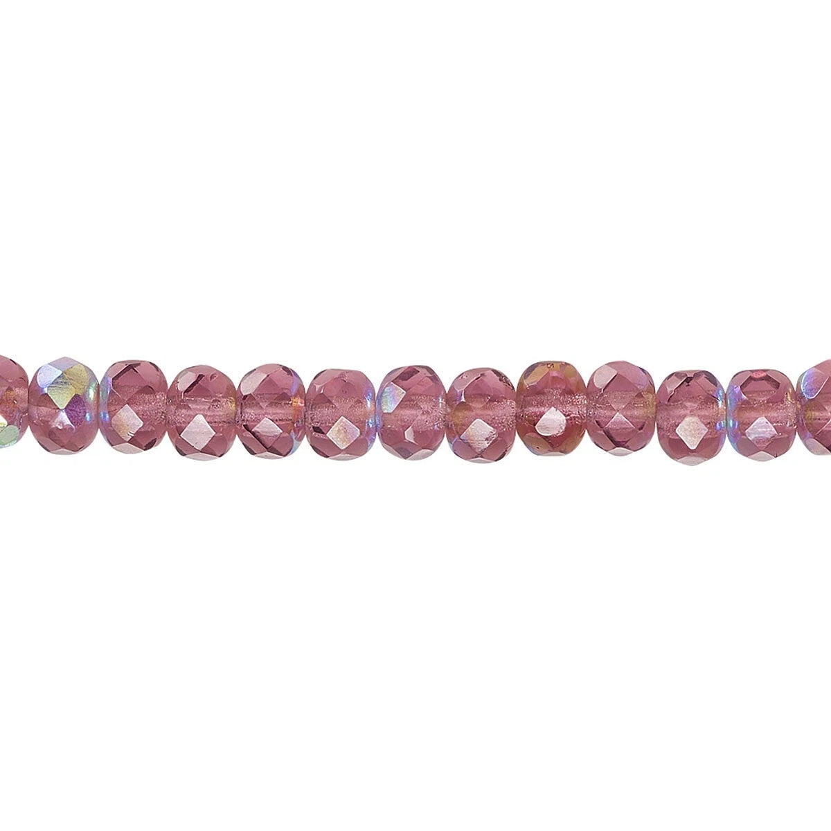 A single strand of faceted round beads in a dusty rose pink color with an iridescent finish, shown against a plain white background.