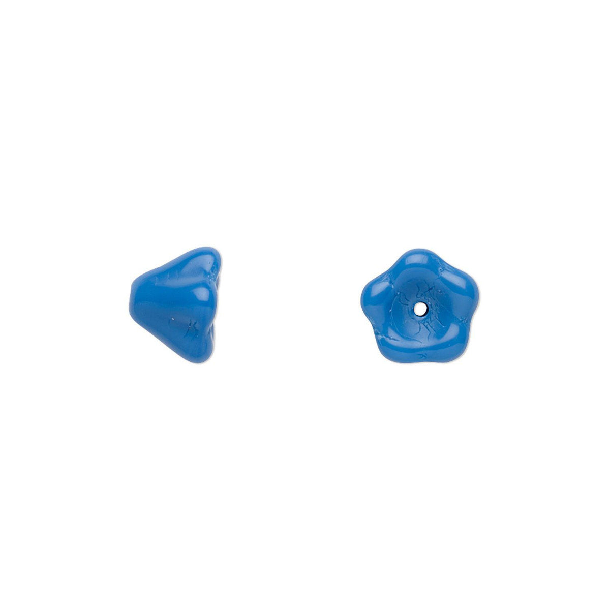 Two small glossy blue beads, one triangular and one five-pointed star with a center hole, shown on a plain white background.