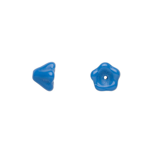 Two small glossy blue beads, one triangular and one five-pointed star with a center hole, shown on a plain white background.