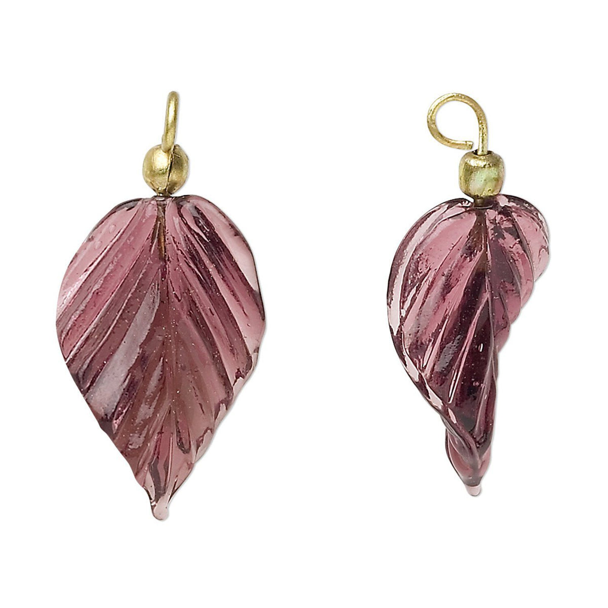A pair of leaf-shaped drop earrings made of translucent smoky purple glass with gold-tone ear wires, shown against a plain white background.