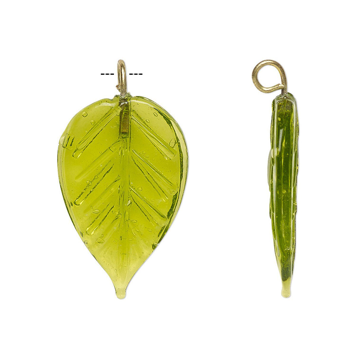 Two olive green leaf-shaped glass charms with gold-colored wire loops at the top, shown from front and side views on a plain white background.