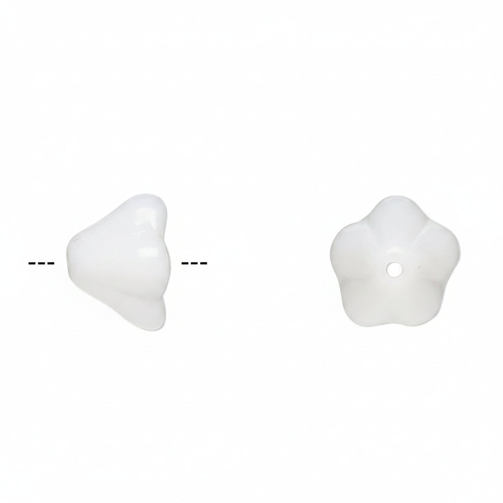 Two white glossy bead-like components on a plain white background, shown from side and top views with dashed alignment lines.