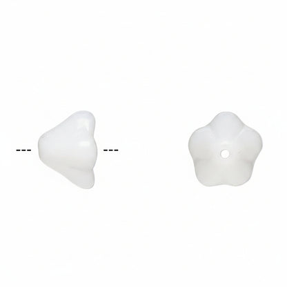 Two white glossy bead-like components on a plain white background, shown from side and top views with dashed alignment lines.