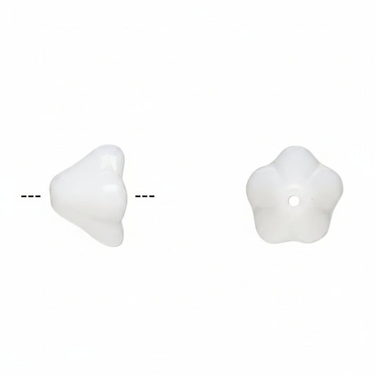 Two white glossy bead-like components on a plain white background, shown from side and top views with dashed alignment lines.
