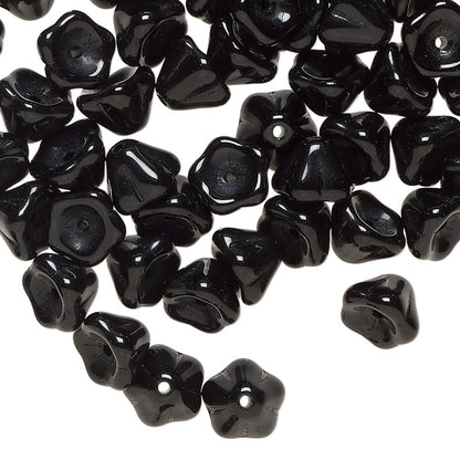 Opaque Black Czech Glass Cone Bell Flower Beads, 8.5x6.5mm - 80 pcs