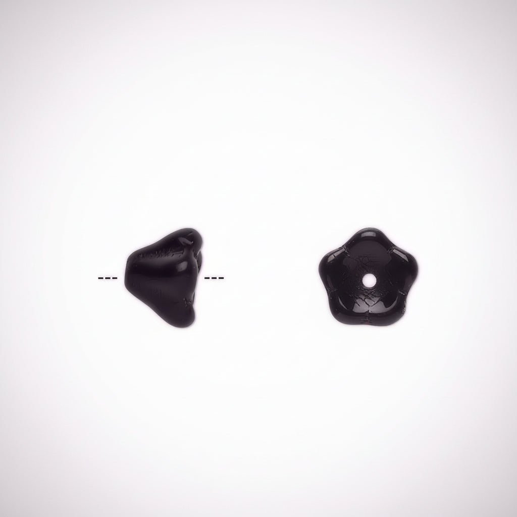 Two glossy black beads shown on a plain white background, one from the front and one from the side, with a dashed line indicating the side view corresponds to the front's profile.