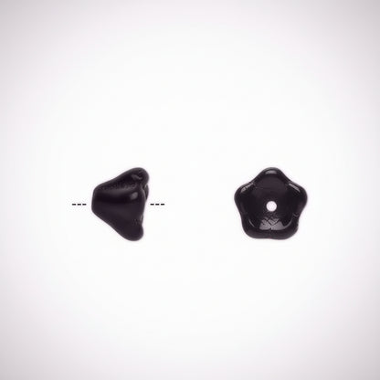Two glossy black beads shown on a plain white background, one from the front and one from the side, with a dashed line indicating the side view corresponds to the front's profile.