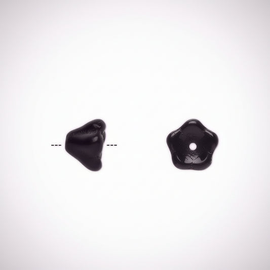 Two glossy black beads shown on a plain white background, one from the front and one from the side, with a dashed line indicating the side view corresponds to the front's profile.