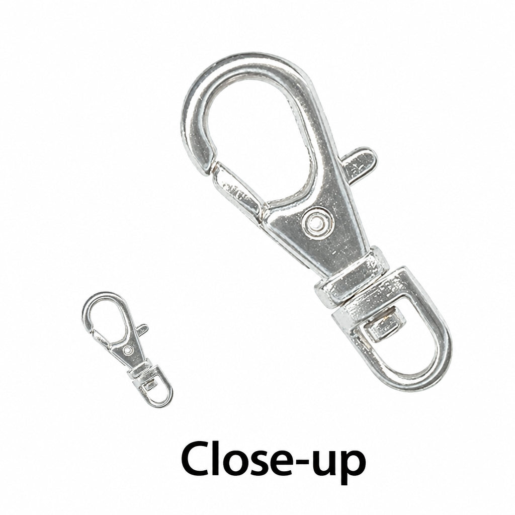 A close-up of a silver metal lobster clasp with a smaller inset view of the clasp below it, on a white background with the text 'Close-up' underneath.