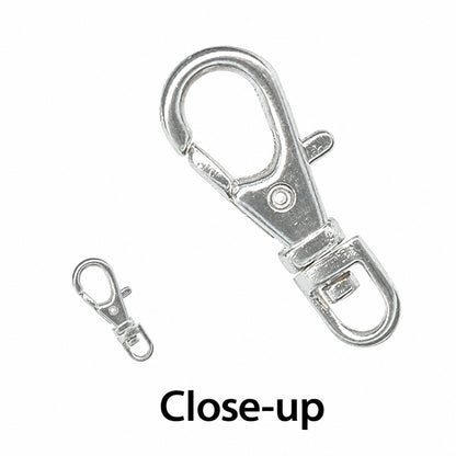 A close-up of a silver metal lobster clasp with a smaller inset view of the clasp below it, on a white background with the text 'Close-up' underneath.