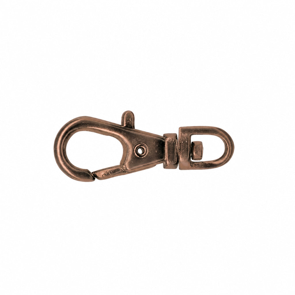 An antique bronze metal lobster clasp with a swivel snap hook and a D-ring at the bottom, isolated on a white background.