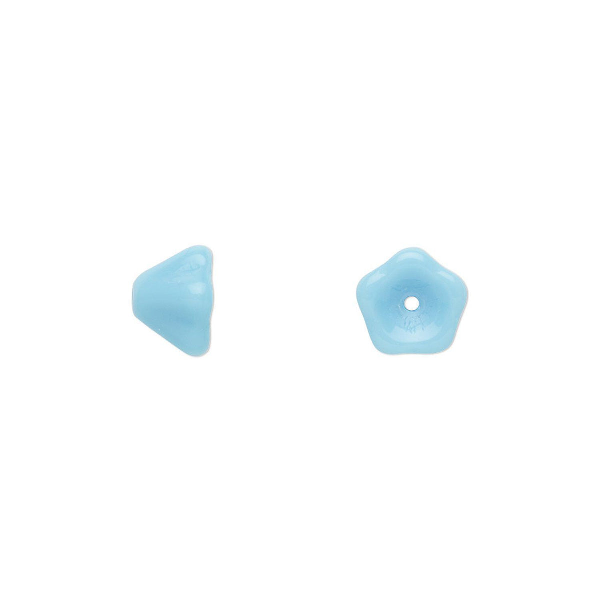 Two small light blue beads, one triangular and one five-pointed star with a central hole, shown on a plain white background.