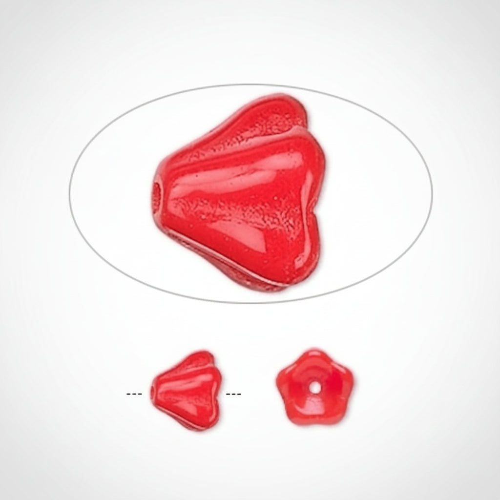 A glossy orange, flower-shaped craft bead with a central hole, shown in a main close-up inside an oval frame and two smaller side-profile views below on a white background.