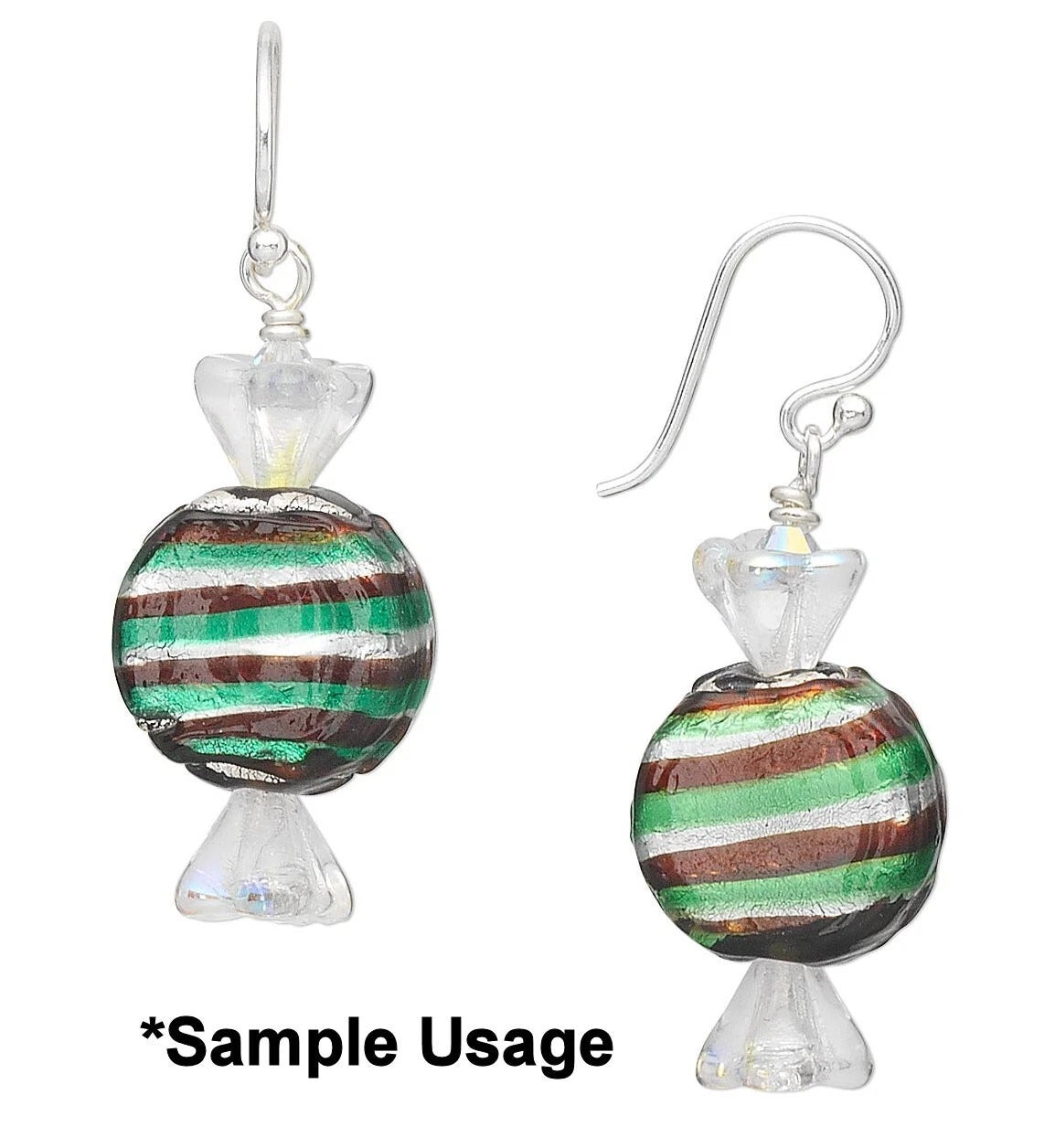 Two dangling earrings with clear faceted top and bottom pieces and round striped glass beads in green, brown, and white, shown on a white background with '*Sample Usage' text below.