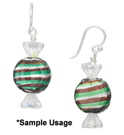 Two dangling earrings with clear faceted top and bottom pieces and round striped glass beads in green, brown, and white, shown on a white background with '*Sample Usage' text below.