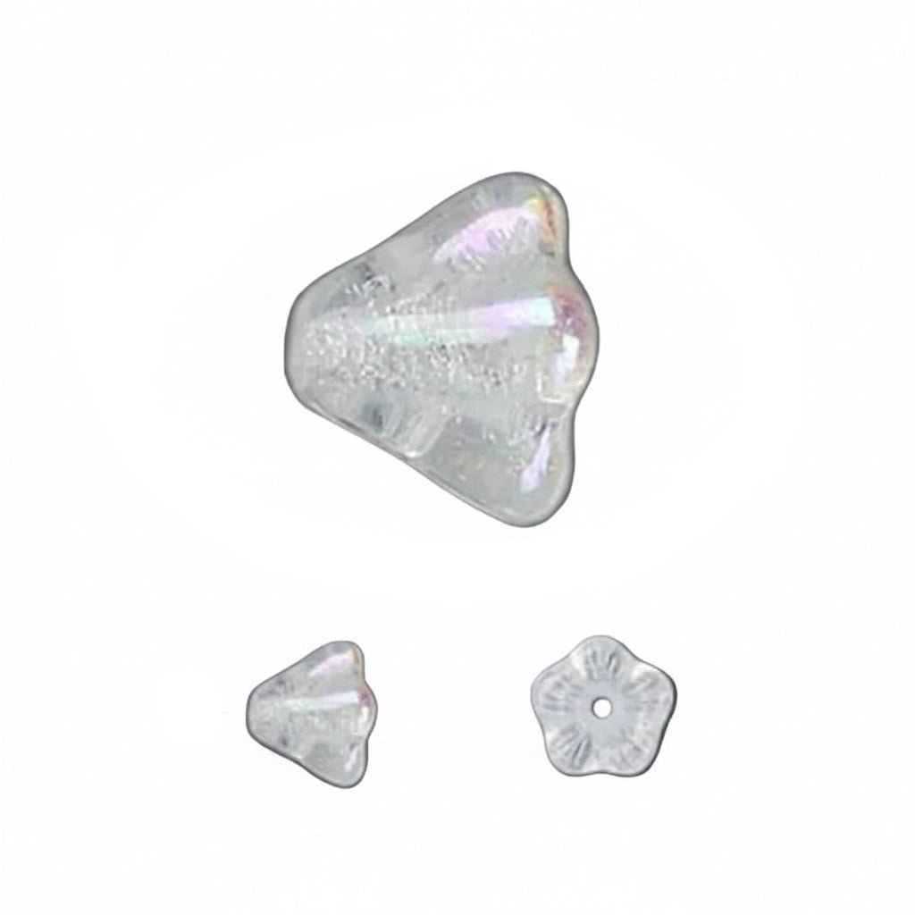Iridescent crystal-like objects on a gray background