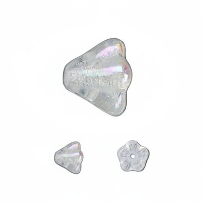 Iridescent crystal-like objects on a gray background