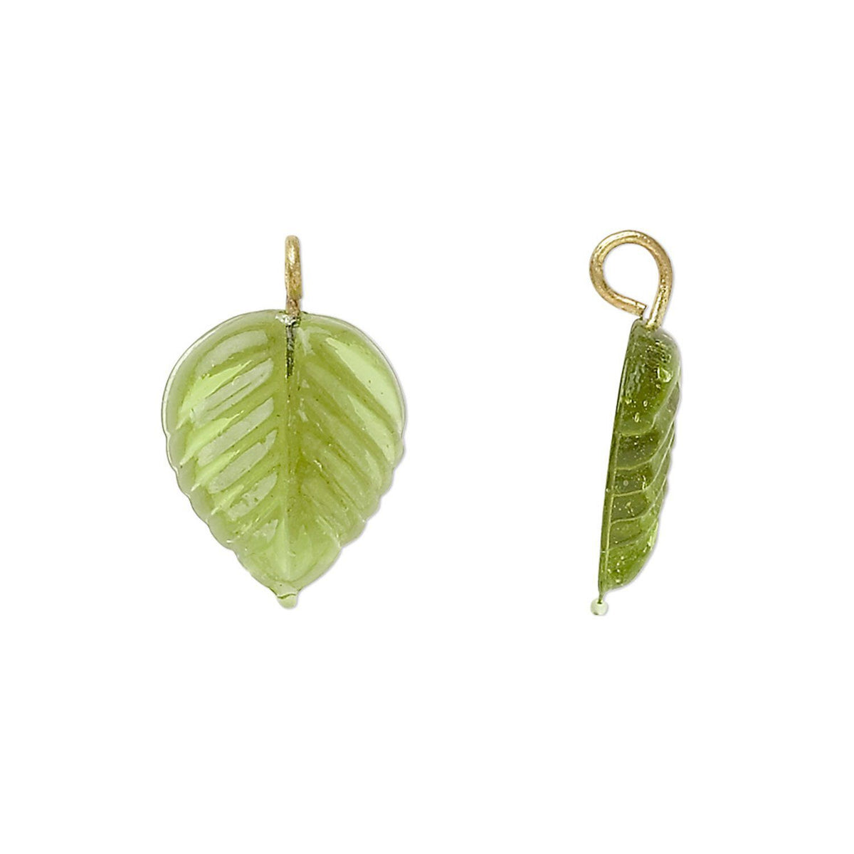 Two small leaf-shaped pendant charms in translucent light green with gold-tone loops, shown on a plain white background.