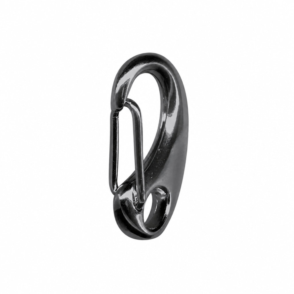 A black metal carabiner shown on a plain white background.