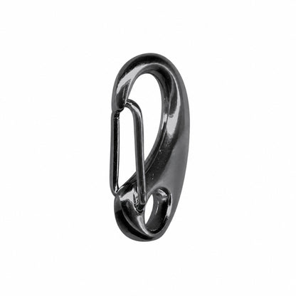 A black metal carabiner shown on a plain white background.