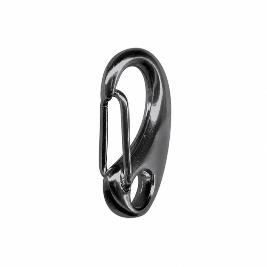 A black metal carabiner shown on a plain white background.