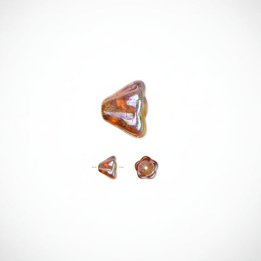 A close-up of an iridescent amber-brown glass bead with a pointed triangular shape, shown with two smaller side views below on a white background.