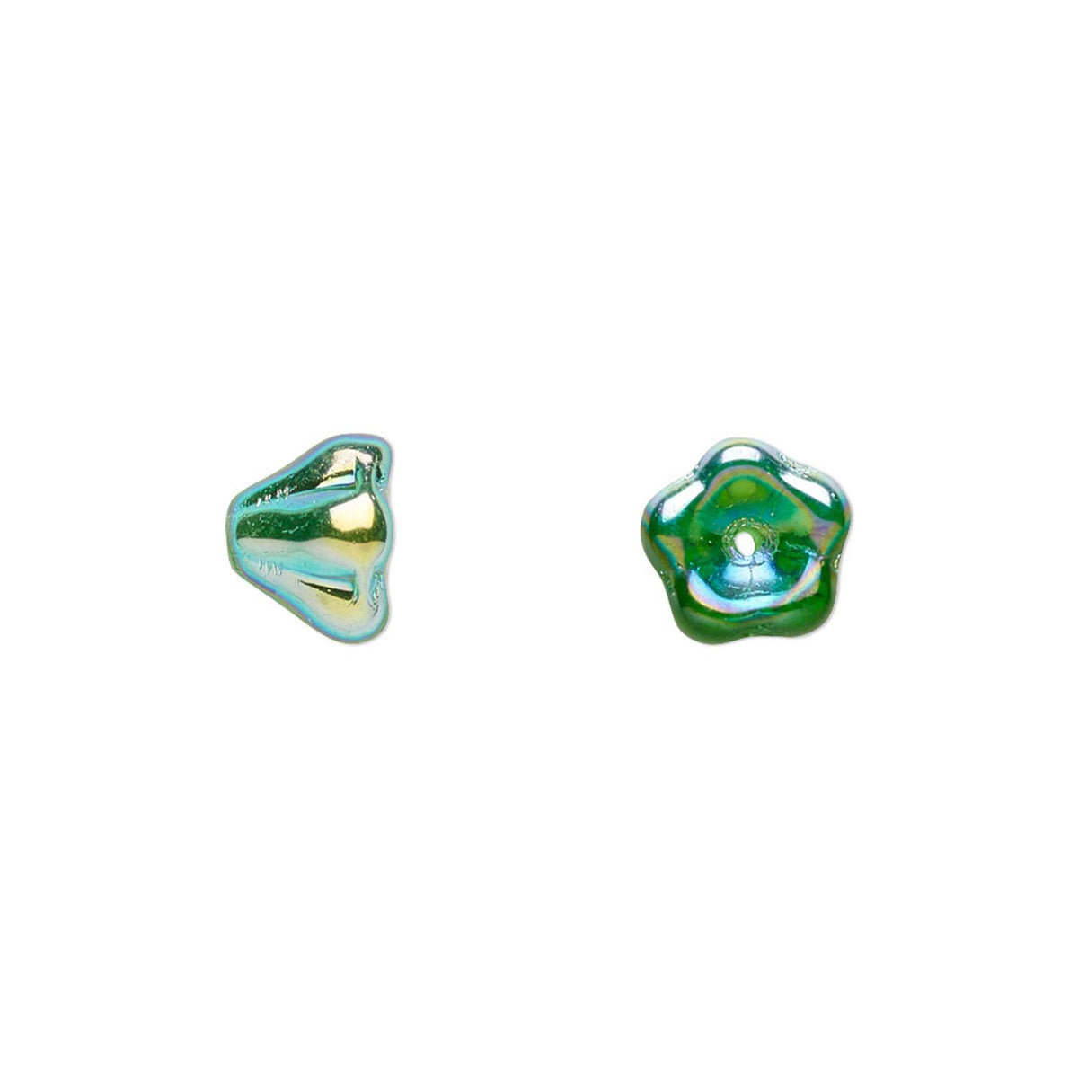 Two small iridescent glass beads on a plain white background, one with a triangular shape and one with a five-pointed star shape.